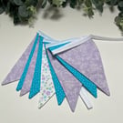 Handmade Fabric Bunting 9 Flags in Lilac & Blue Dots, Swirls & Florals Design