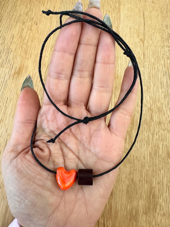Handmade Orange Ceramic Heart Necklace – Adjustable Cord, Minimalist Pendant