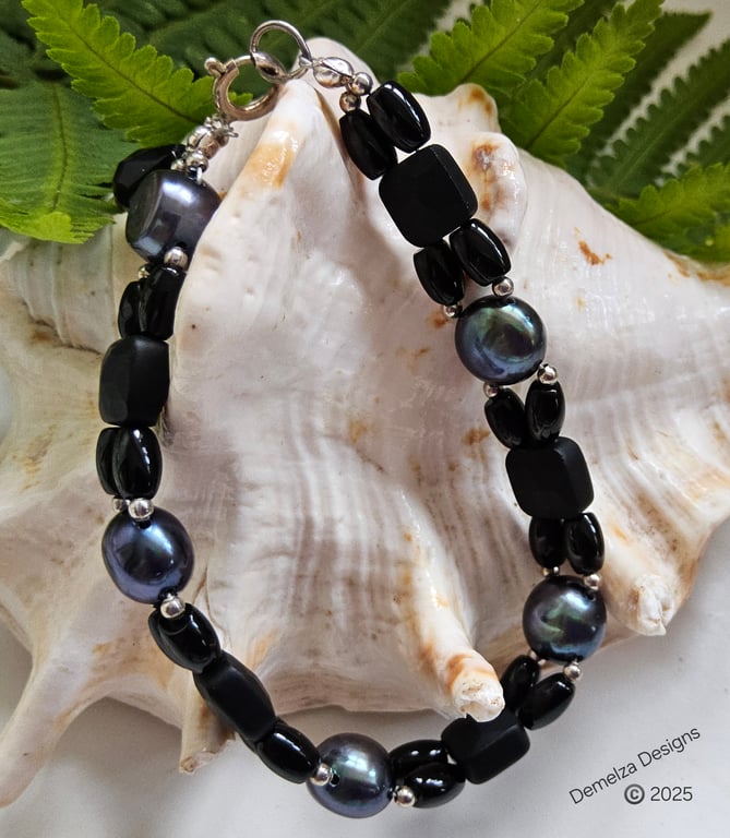 Designer Black Onyz & Peacock Button Pearl Sterling Silver Bracelet ONE OFF