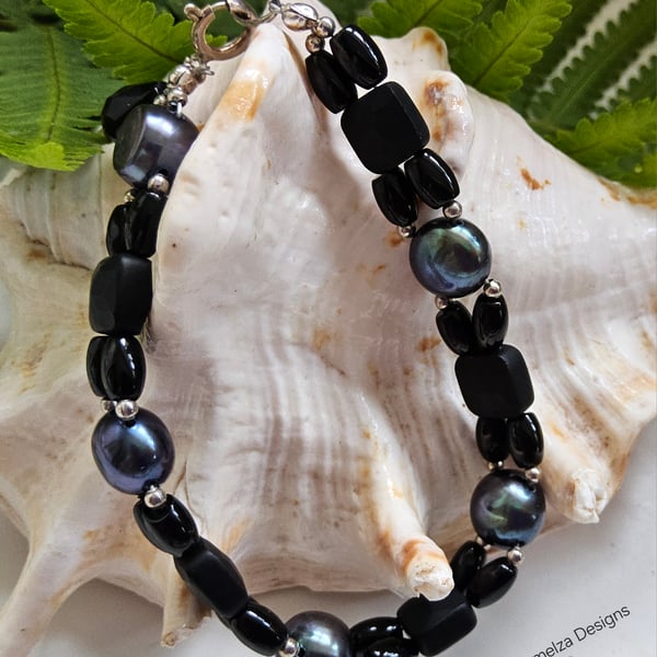 Designer Black Onyz & Peacock Button Pearl Sterling Silver Bracelet ONE OFF