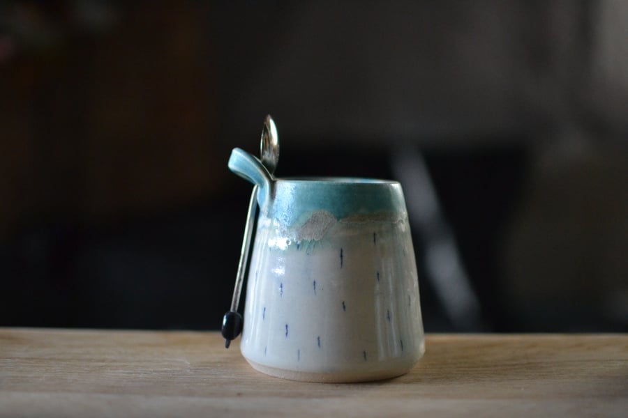 Solstice Sugar bowl & Spoon - handmade ceramic, glazed in greens and turquoise