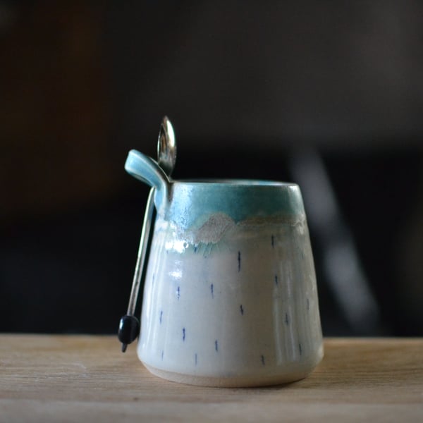 Solstice Sugar bowl & Spoon - handmade ceramic, glazed in greens and turquoise
