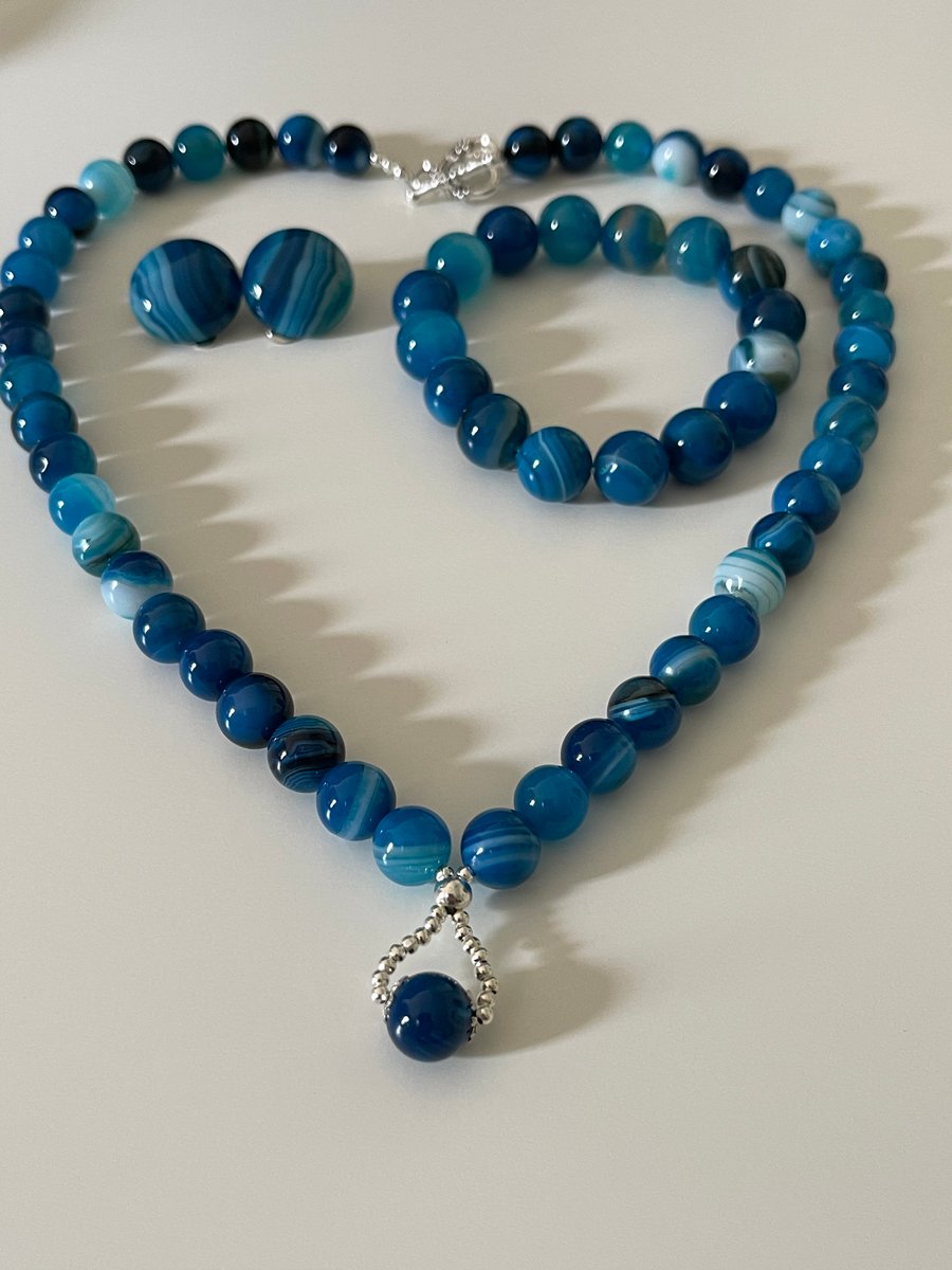 Blue Stripe Agate Gemstone Jewellery Set
