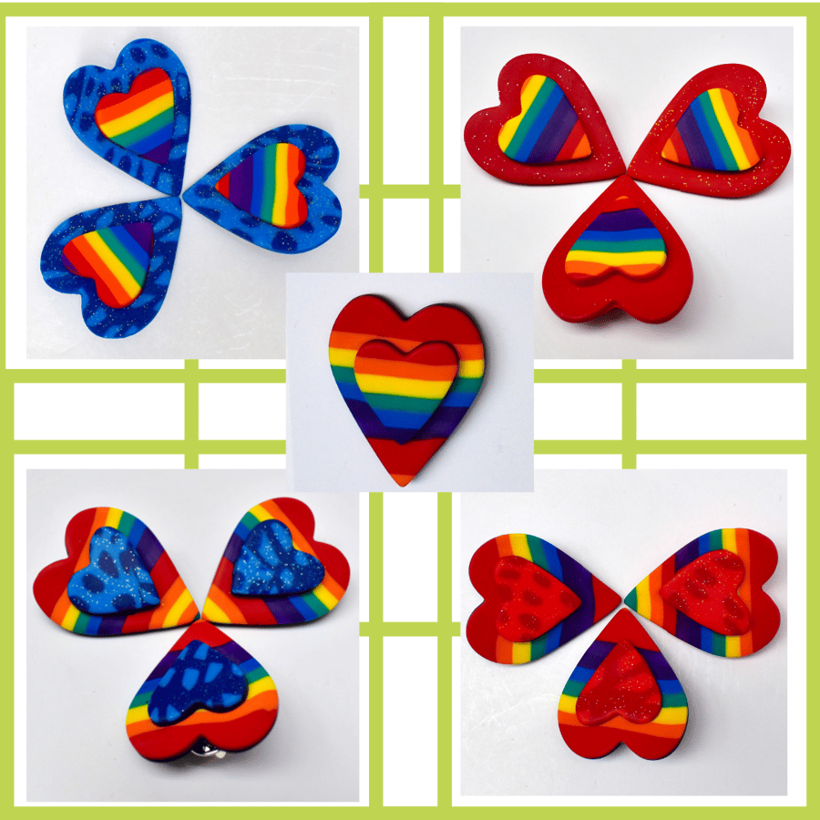 Polymer Clay Rainbow Pride Valentine's Day Heart Pins 