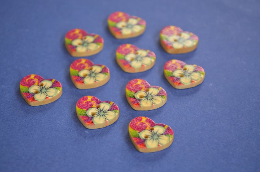Small Natural Wooden Heart Buttons Floral Blue Pink Green 10pk 18x15mm (NH10)