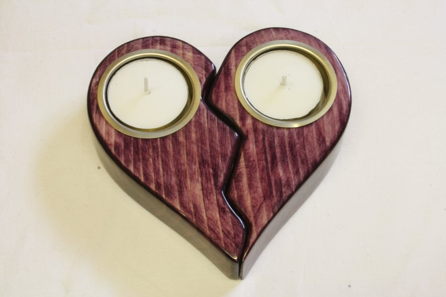Wooden Purple Heart T Light Candle Holder