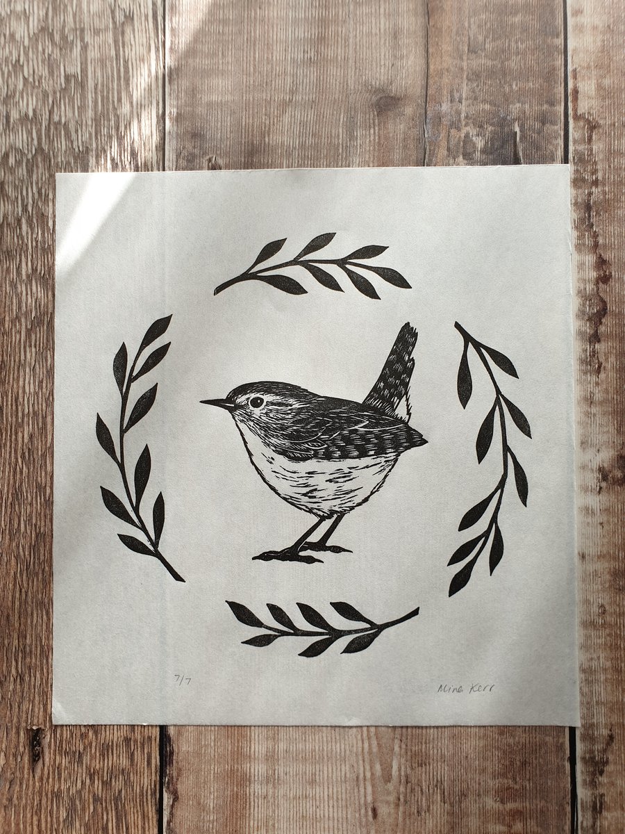 Little Wren Lino Print - Botanical Bird Print 