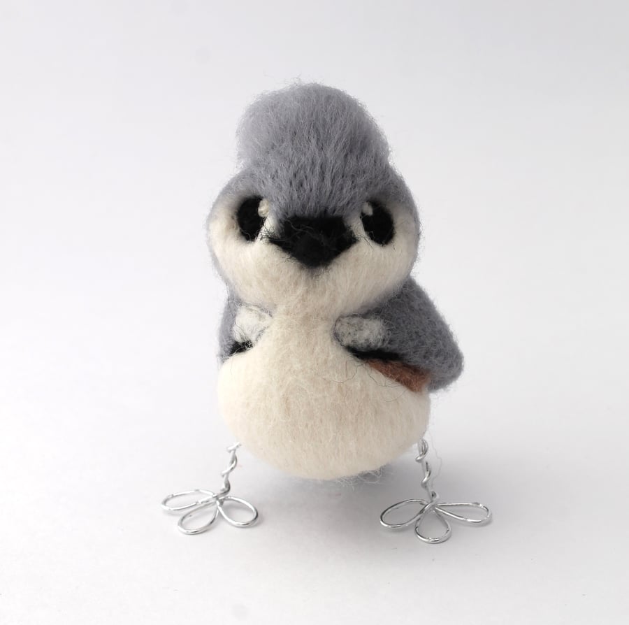 Mini Tufted Titmouse Needle Felted Bird in Soft Grey and White