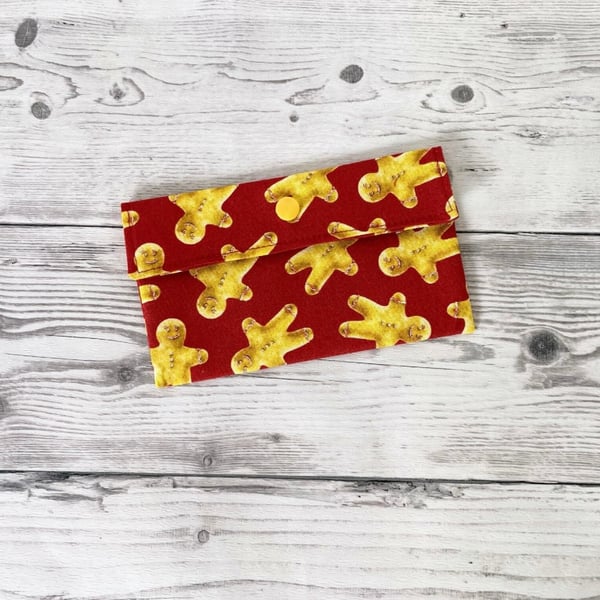 Red Gingerbread Men Cotton Fabric Money Wallet: Bank Note Gift Pouch.