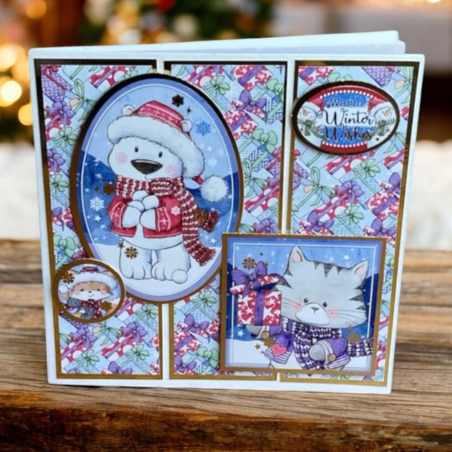 Image of Christmas Card. Handmade Cute Polar Bear and Kitten Christmas Card