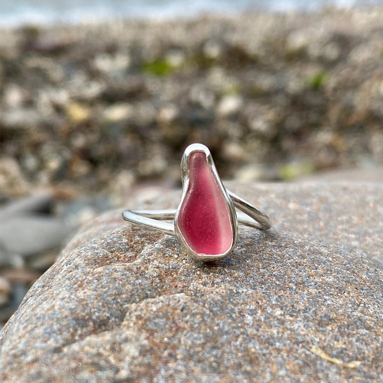 Rare Pink Twist Sea Glass and Sterling Silver Ring- Size O.5 - 1323