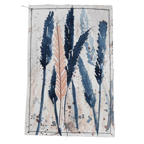 Abstract Wheat Painting, postcard sized, indigo and mushroom colours