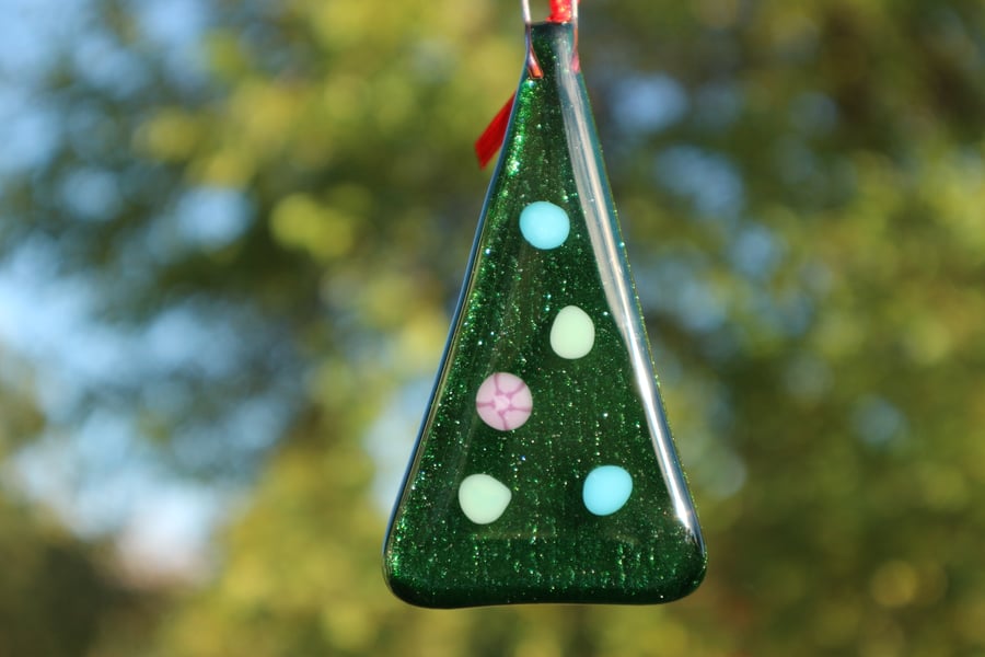 Fused glass Christmas tree decorations - pastel green and blue