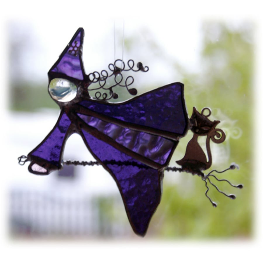 Witch on Broomstick Suncatcher Stained Glass Handmade Cat Magic Spells