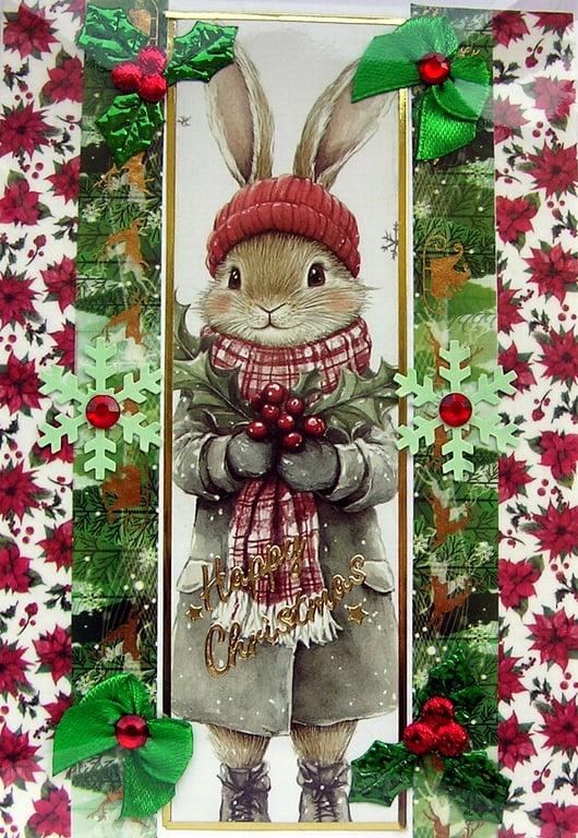Hand Crafted Decoupage Chistmas Card - Happy Christmas (3215) Cute Bunny Rabbit