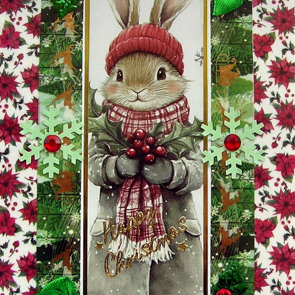 Hand Crafted Decoupage Chistmas Card - Happy Christmas (3215) Cute Bunny Rabbit