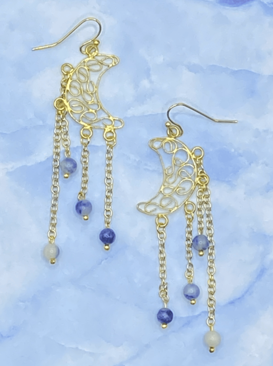 Wire crescent moon chandelier earrings with blue jasper stones