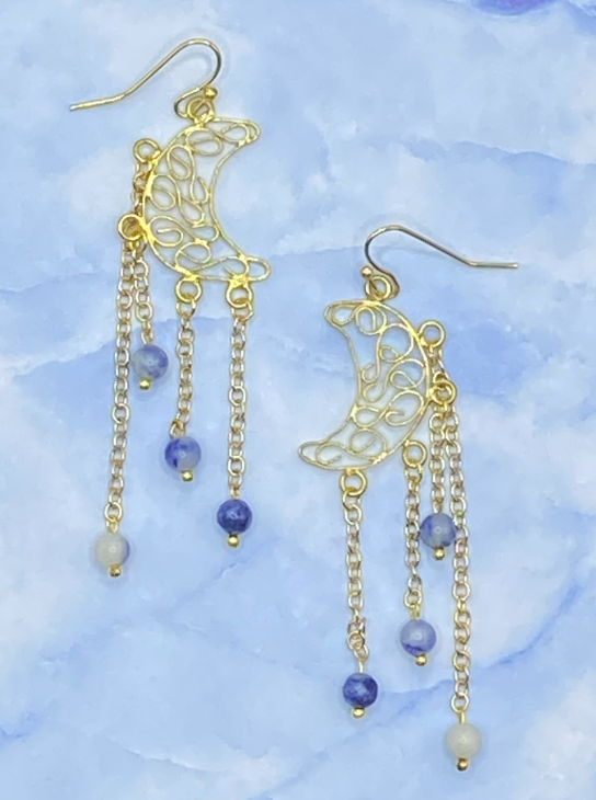 Wire crescent moon chandelier earrings with blue jasper stones