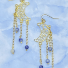 Wire crescent moon chandelier earrings with blue jasper stones