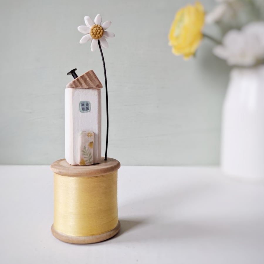 Wooden House on a Vintage Bobbin with Clay Daisy