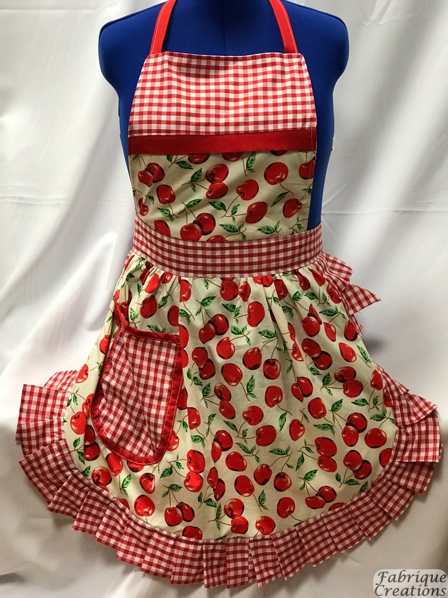 Vintage 50s Style Full Apron Pinny - Ivory & Red - Cherries with Gingham Trim