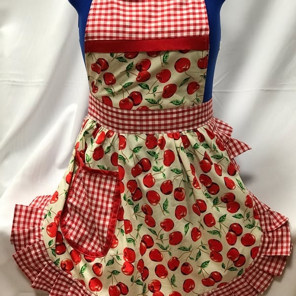 Vintage 50s Style Full Apron Pinny - Ivory & Red - Cherries with Gingham Trim
