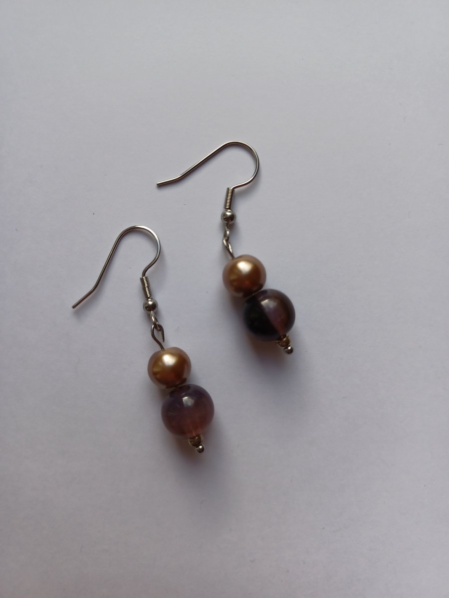 Dark Brown & caramel pearl bead drop earrings