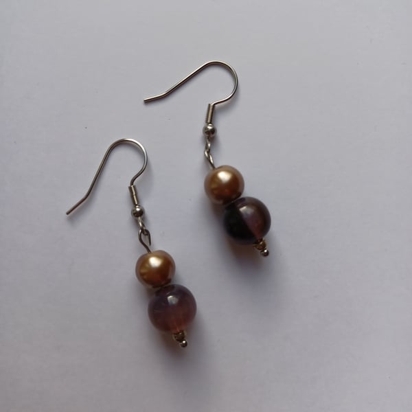 Dark Brown & caramel pearl bead drop earrings