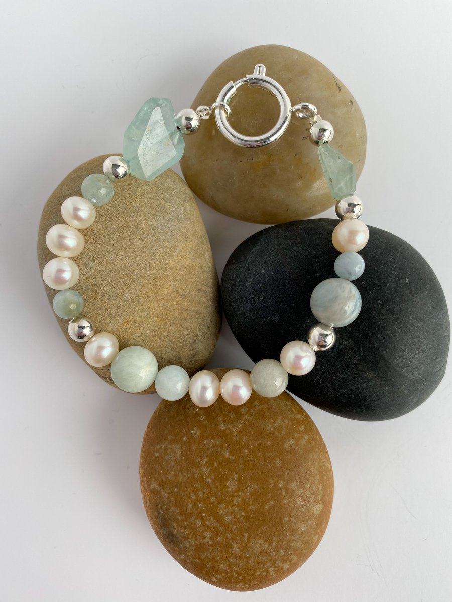 Aquamarine and pearl bracelet - made in Scotland. 