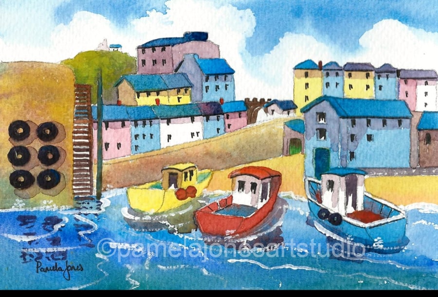 Boats, Tenby Harbour, Pembrokeshire, Wales, Watercolour Print in 8 x 6 '' Mount