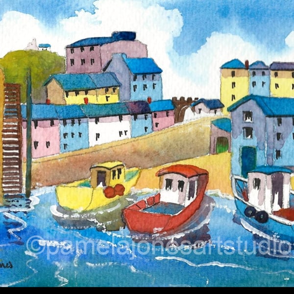 Boats, Tenby Harbour, Pembrokeshire, Wales, Watercolour Print in 8 x 6 '' Mount