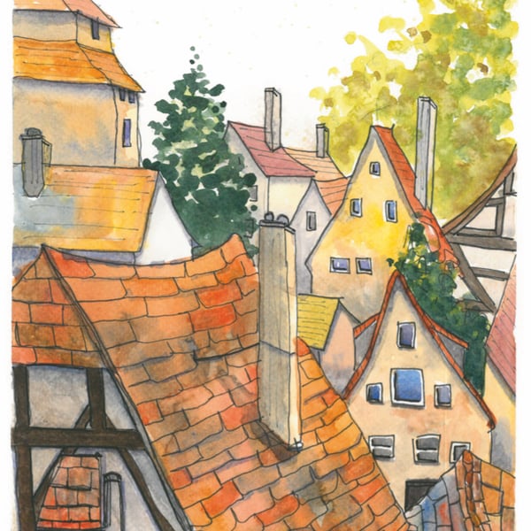 Original watercolour print of Rooftops in Germany,