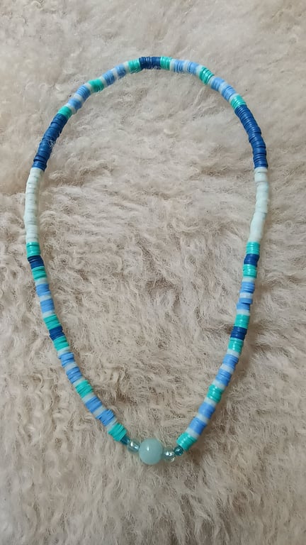 "Inner Peace" - polymer clay & bead stretchy necklace - blue, aqua, turquoise 
