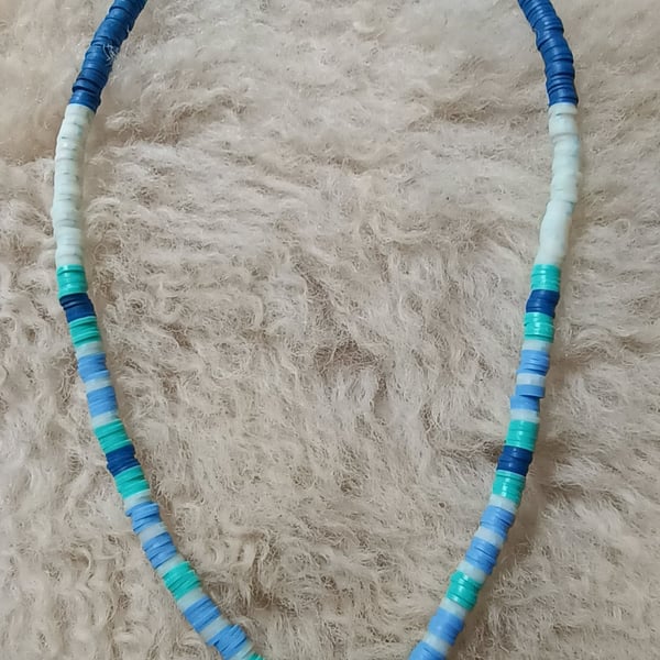 "Inner Peace" - polymer clay & bead stretchy necklace - blue, aqua, turquoise 