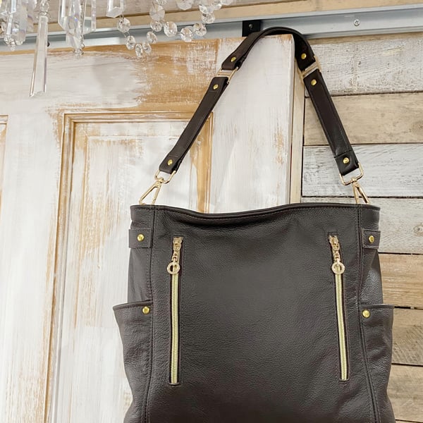 Handbag - Chocolate Brown Genuine Rescued Leather Shoulder Bag 