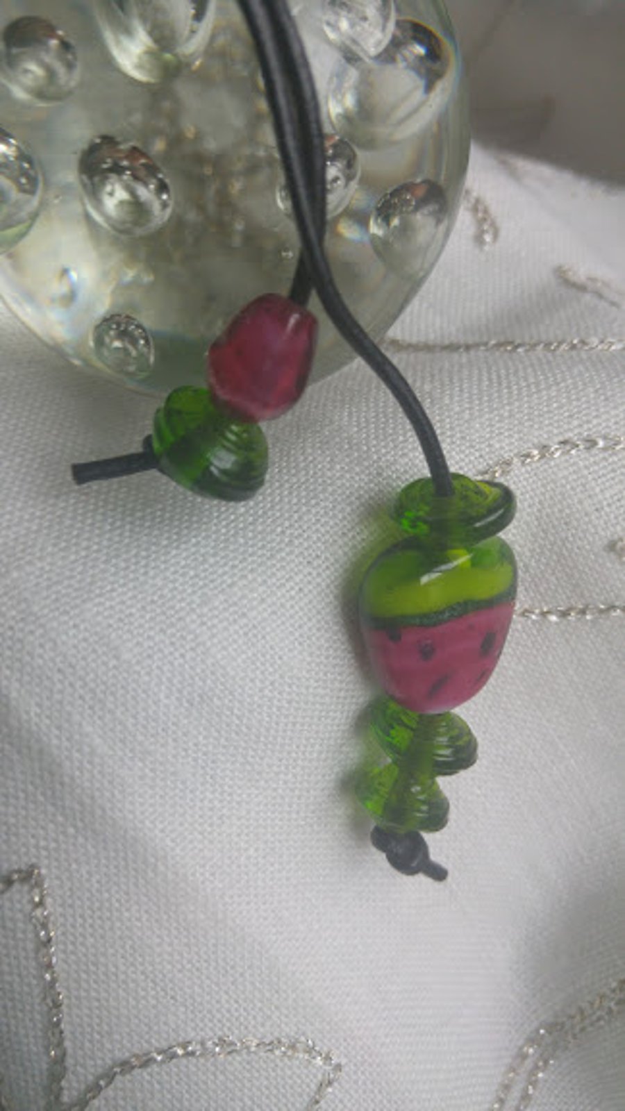 Melon and Pomegranate Lampwork Glass and Leather Keyring