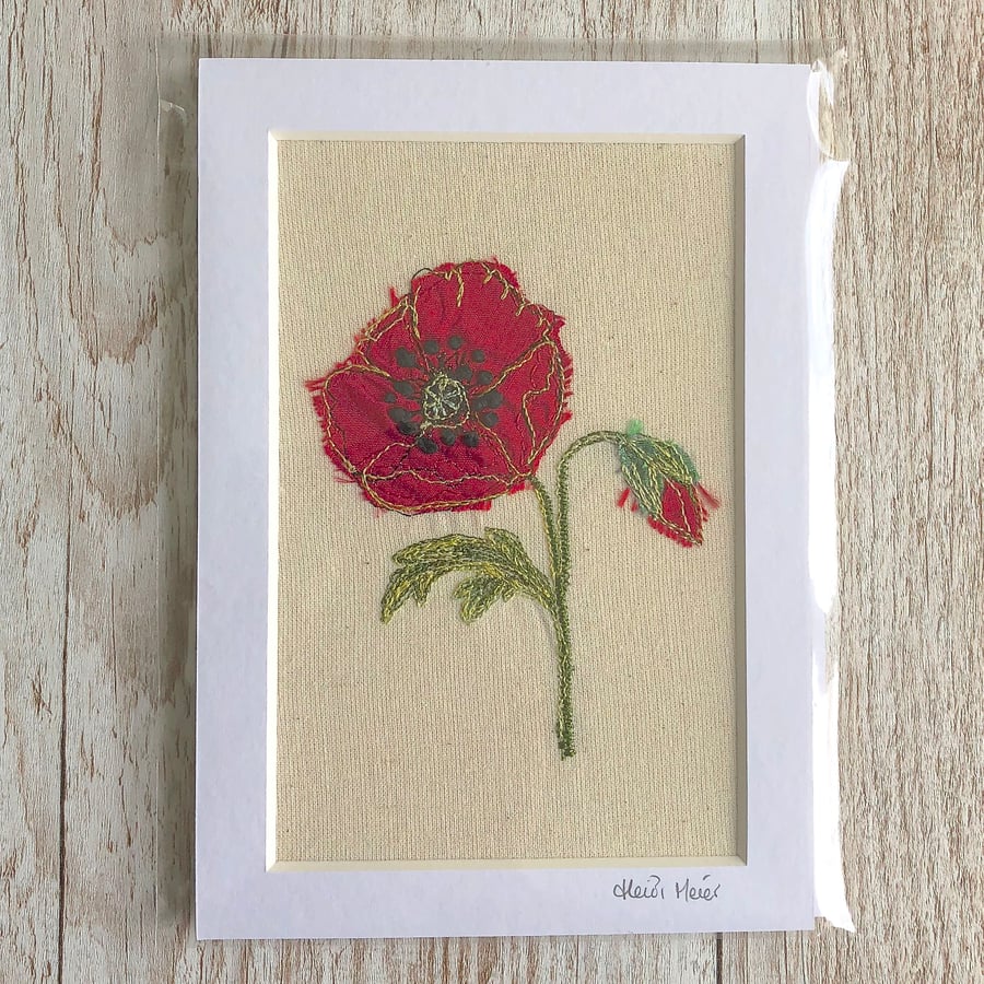 Poppy textile artwork - unframed embroidery flower floral poppies art