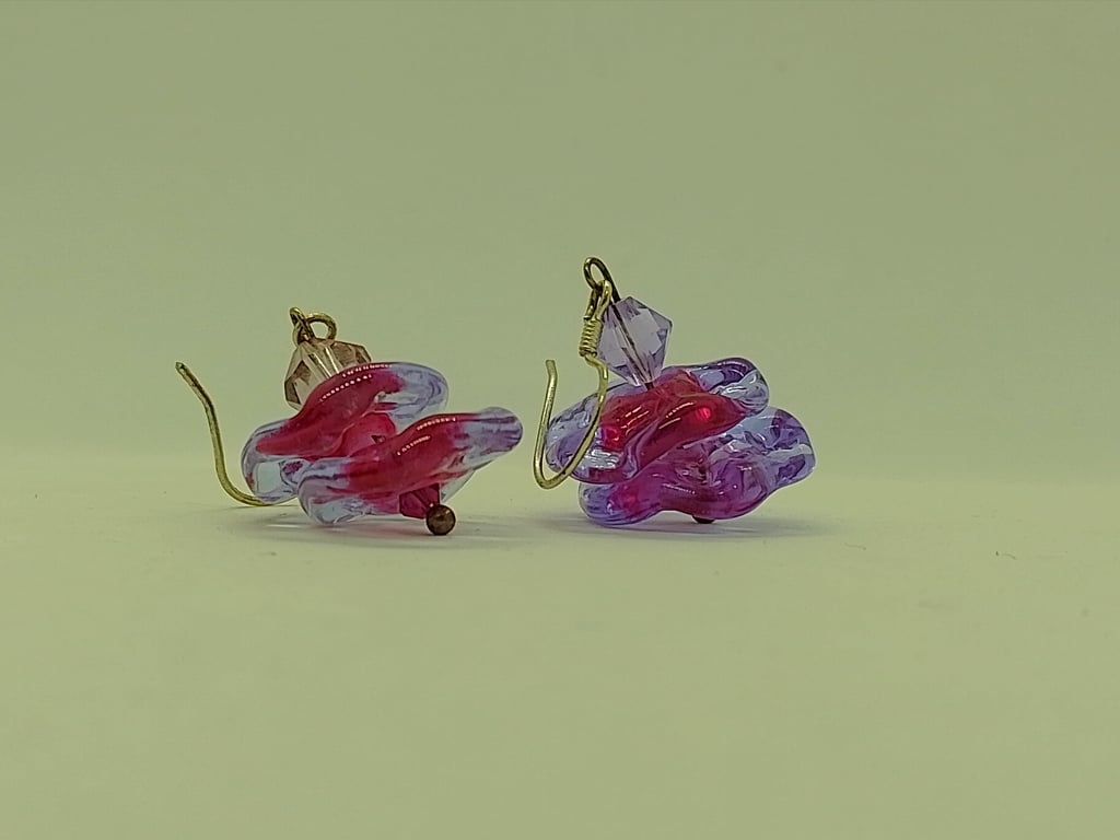 Glass Lampwork Drop Earrings: Pink Fluted Beads, Swarovski Crystal, 