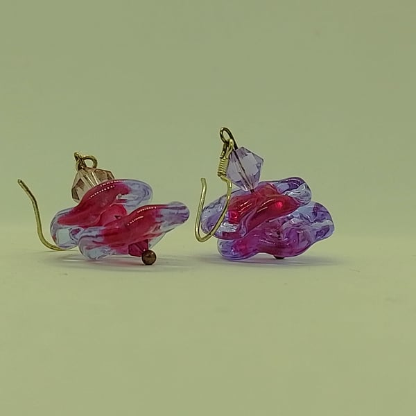 Glass Lampwork Drop Earrings: Pink Fluted Beads, Swarovski Crystal, 