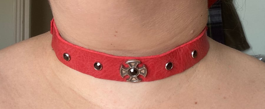 Red Leather Choker - 5 Black Gemstones w Iron Cross - custom sized up to 16.5”