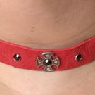 Red Leather Choker - 5 Black Gemstones w Iron Cross - custom sized up to 16.5”