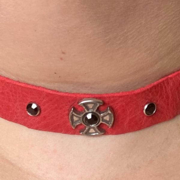 Red Leather Choker - 5 Black Gemstones w Iron Cross - custom sized up to 16.5”