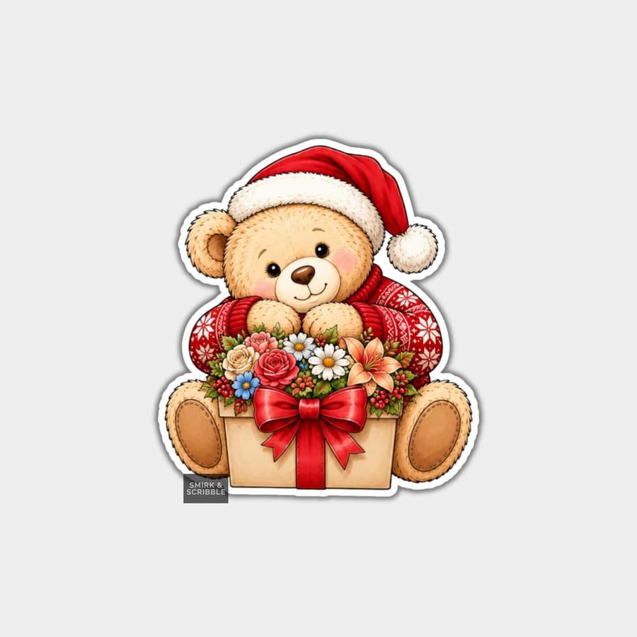 Unique Funny Christmas Sticker Xmas Decal - Cute Teddy Bear & Flowers