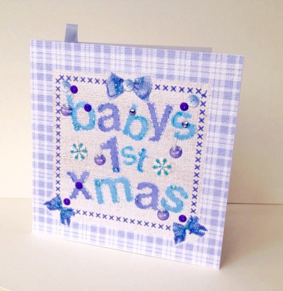 Baby's1st Xmas Card Blue,Printed Applique Design,Handmade Xmas Baby Card