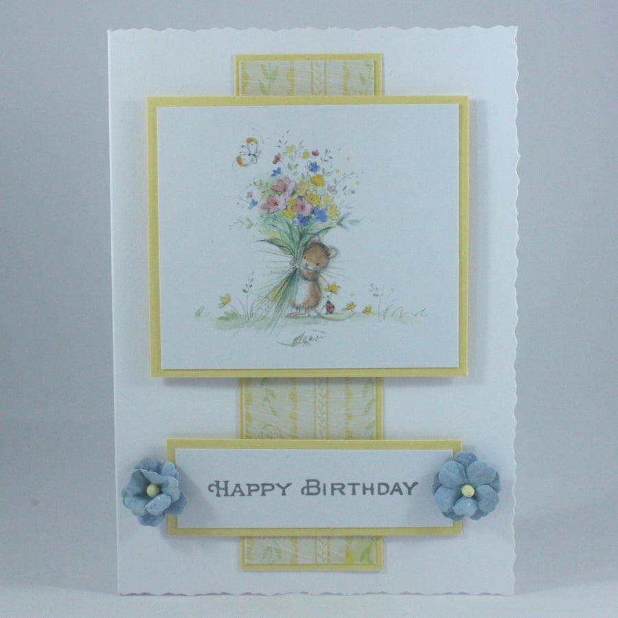 Handmade birthday card - mouse with bouquet
