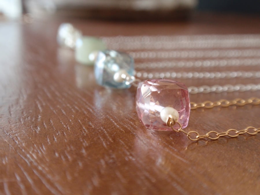 Pink Quartz gemstone necklace, pink necklace with gold or sterling silver