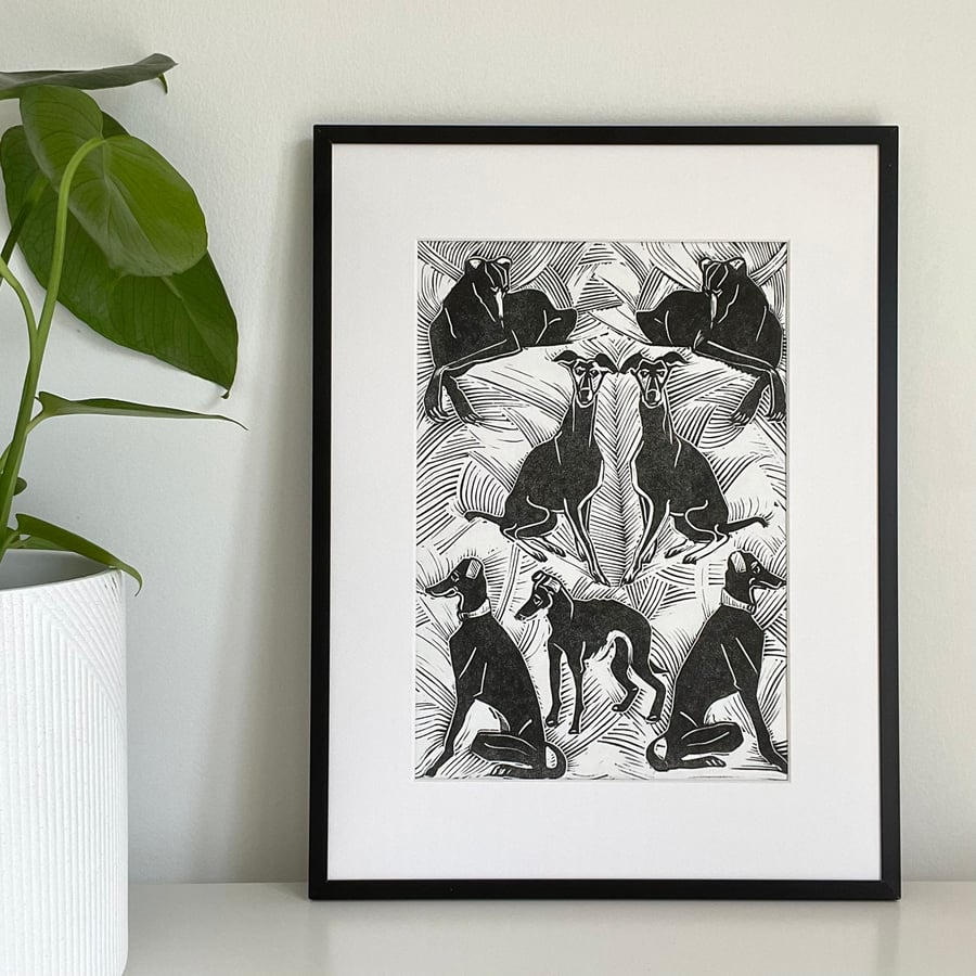 Whippet and Greyhounds Linocut Print - Dog Lover Gift - Black and White Wall Art