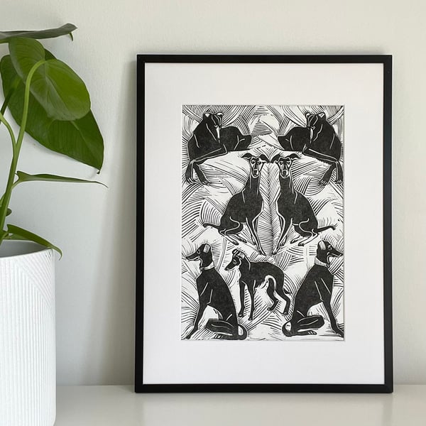 Whippet and Greyhounds Linocut Print - Dog Lover Gift - Black and White Wall Art