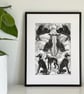 Whippet and Greyhounds Linocut Print - Dog Lover Gift - Black and White Wall Art