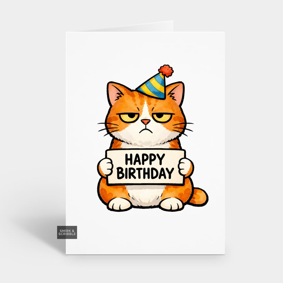 Funny Grumpy Birthday Card For Him Or Her - Cat Holding Sign